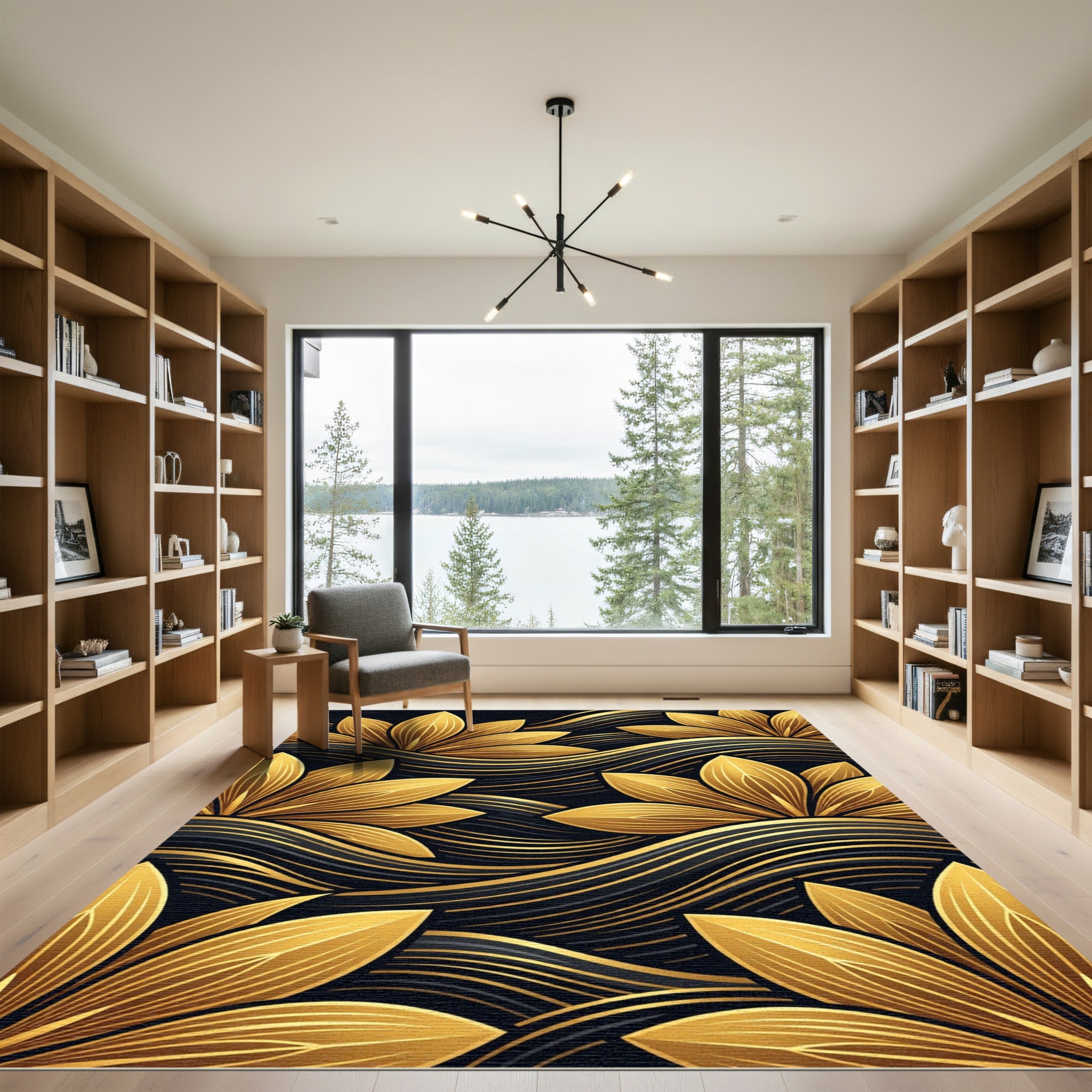 Golden Lotus Black Water Lilies Rug