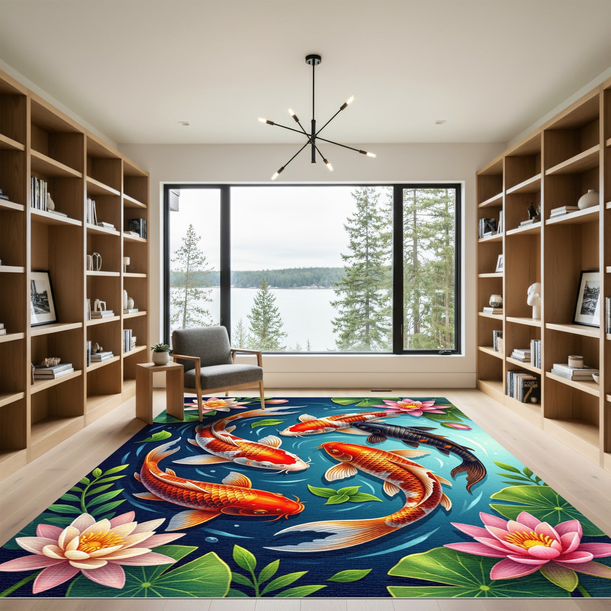 Vibrant Koi Pond Lotus Floral Art Rug