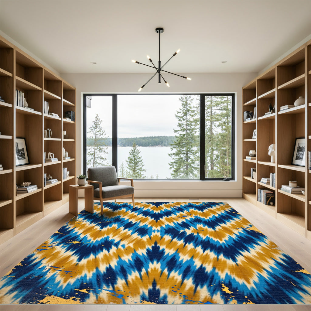 Blue and Gold Abstract Ikat Zigzag Rug