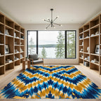 Blue and Gold Abstract Ikat Zigzag Rug