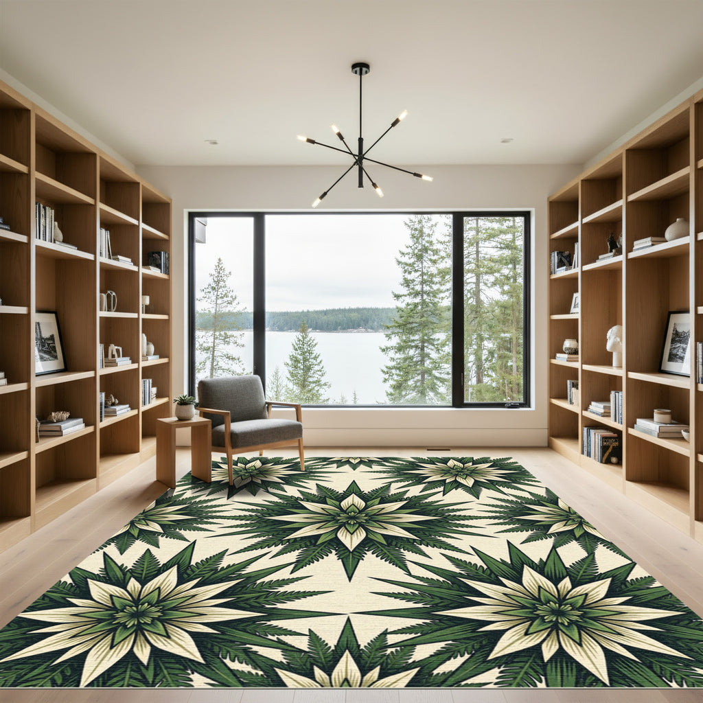 Earthy Green Fern Botanical Star Tile Rug