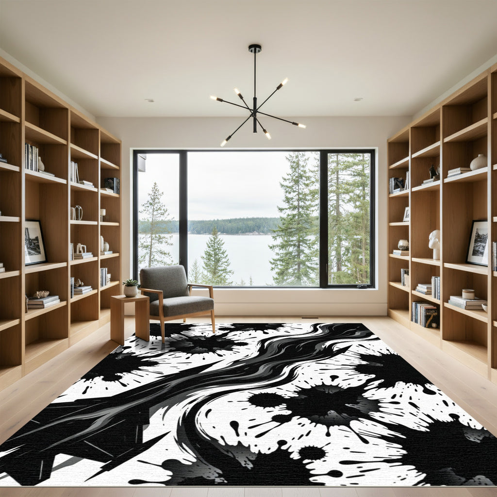 Monochrome Splash Abstract Ink Flow Rug
