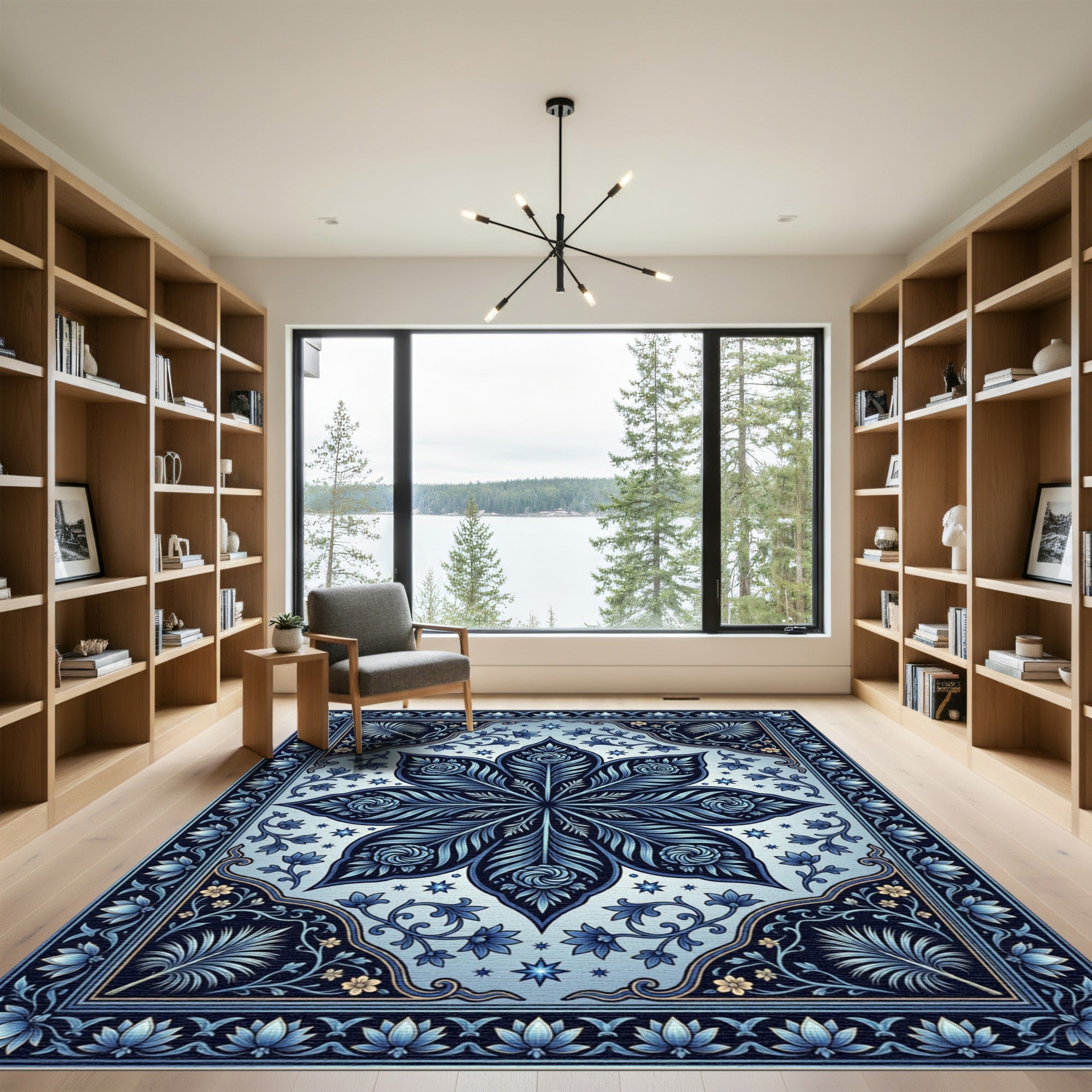 Deep Blue Floral Medallion Art Rug