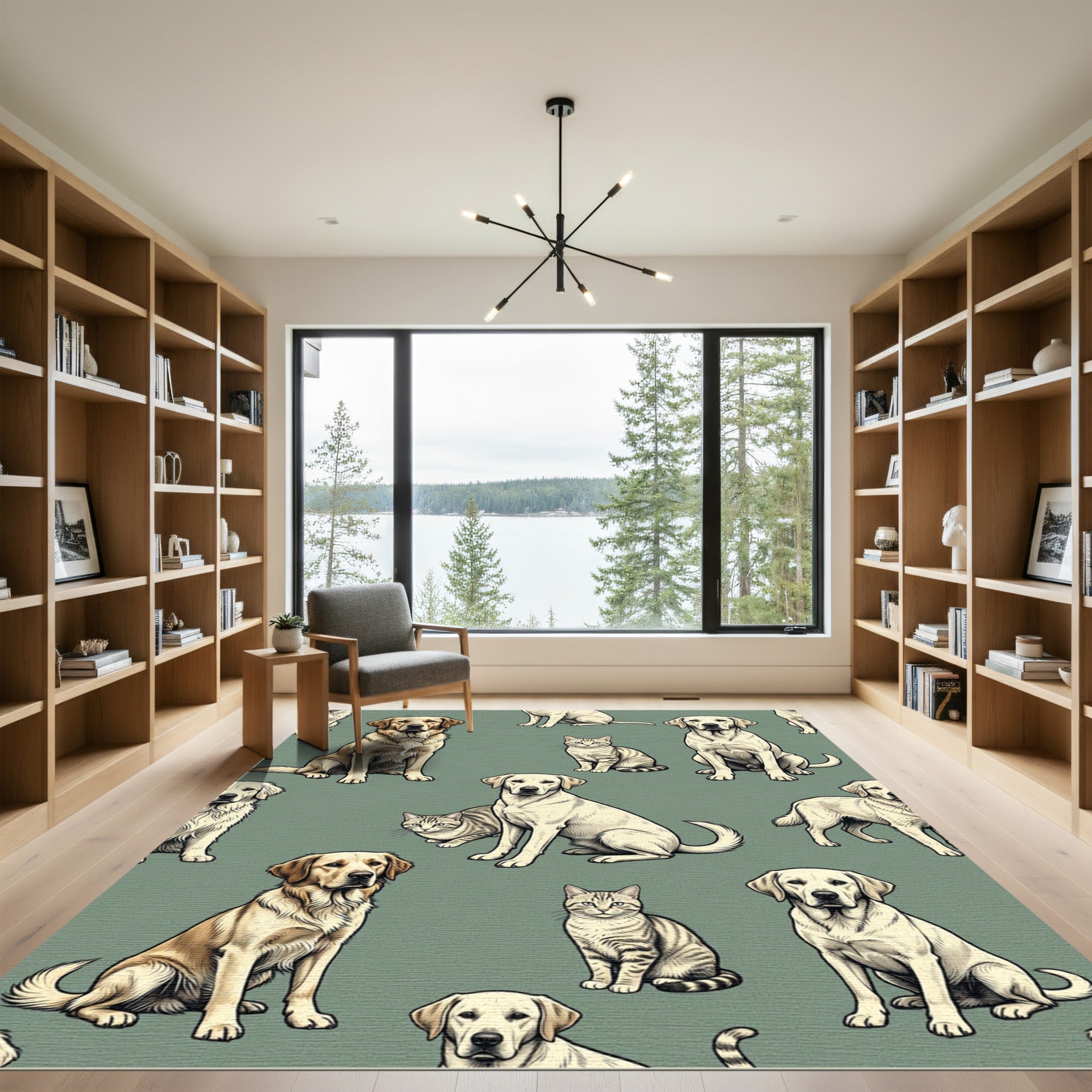 Whimsical Sage Green Dog Cat Illustration Rug