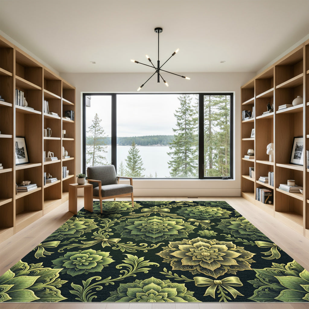 Elegant Olive Floral Medallion Ribbon Art Rug