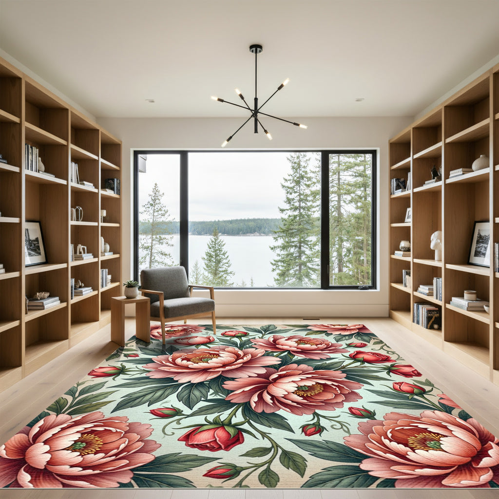 Elegant Pink Peony Botanical Arrangement Rug