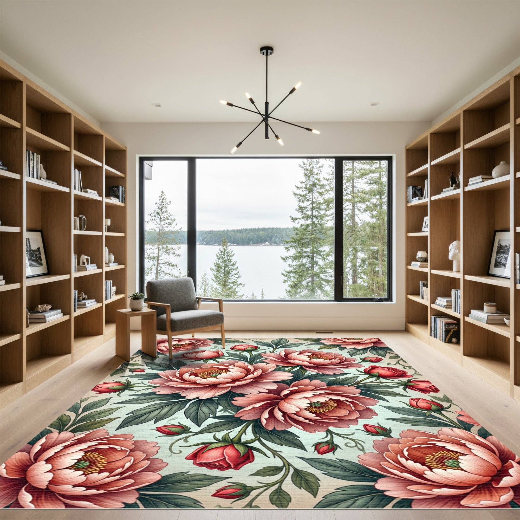 Elegant Pink Peony Botanical Arrangement Rug