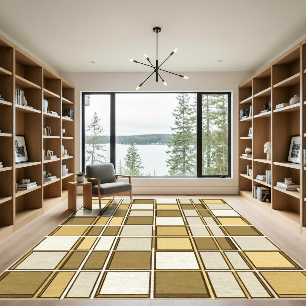 Golden Beige Geometric Blocks Rug