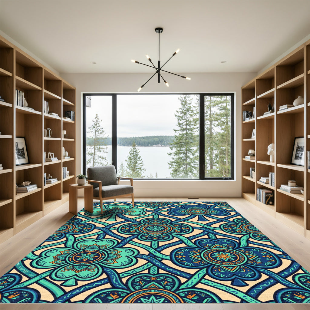 Blue Clover Mandala Intertwined Teal Lattice Rug
