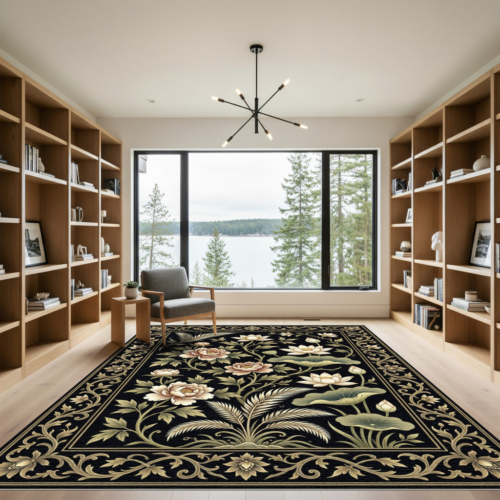 Ornate Black Floral Peony Lotus Rug