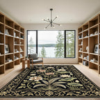 Ornate Black Floral Peony Lotus Rug