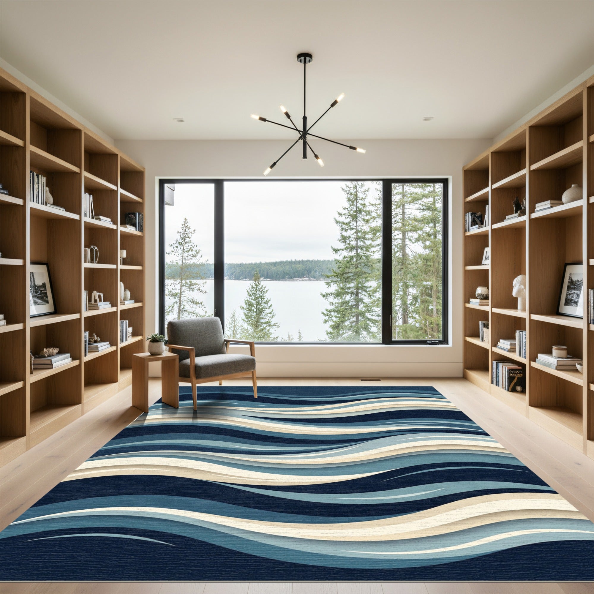 Deep Blue Abstract Wave Layered Rug