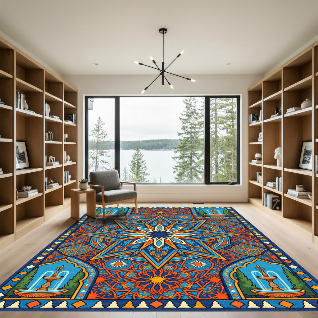 Vibrant Blue Orange Celestial Fountain Tile Rug