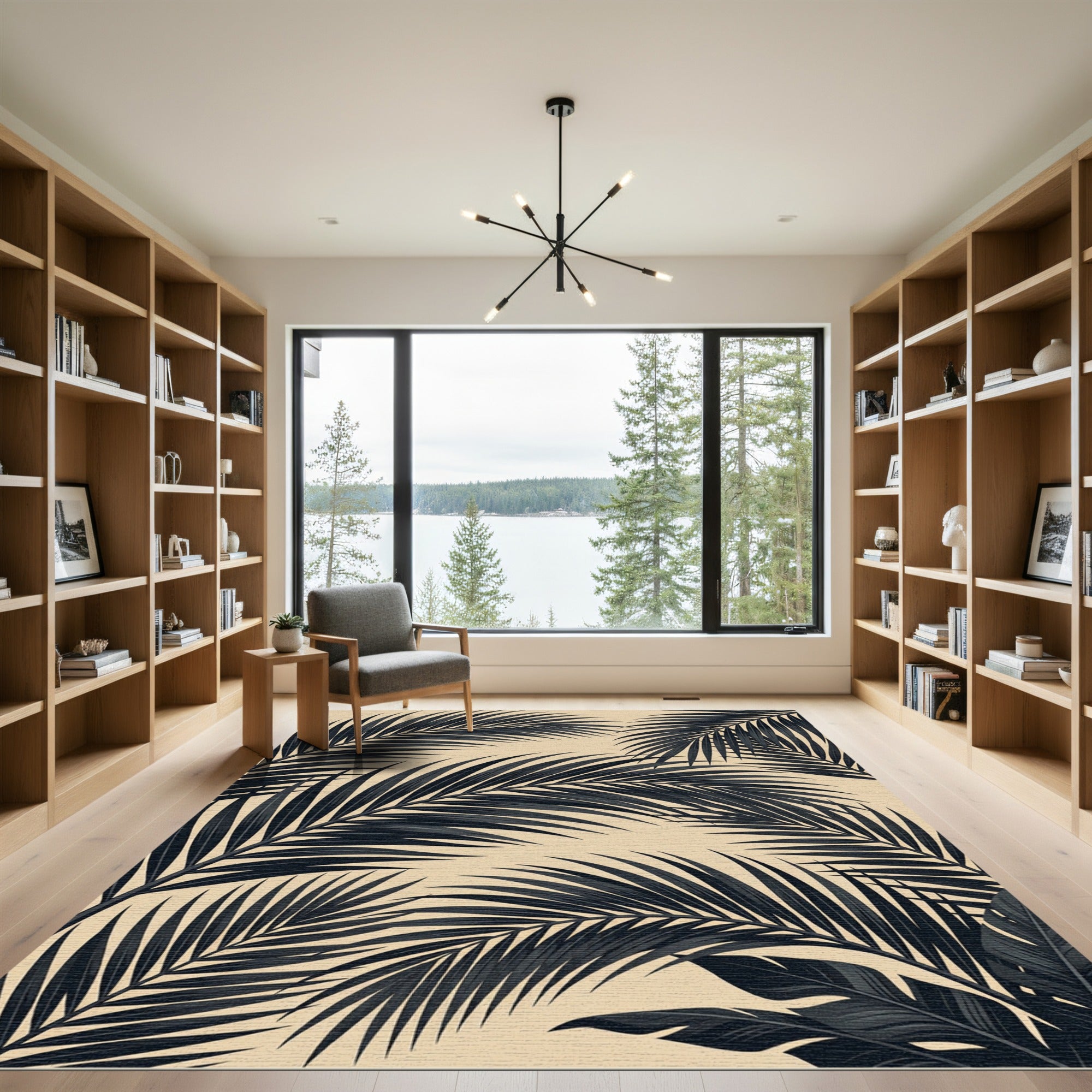 Black Tropical Palm Leaf Botanical Rug