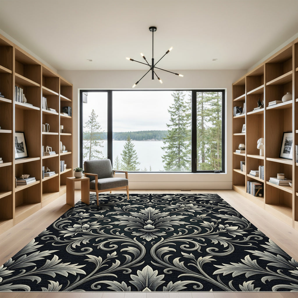 Elaborate Floral Scroll Black Silver Rug