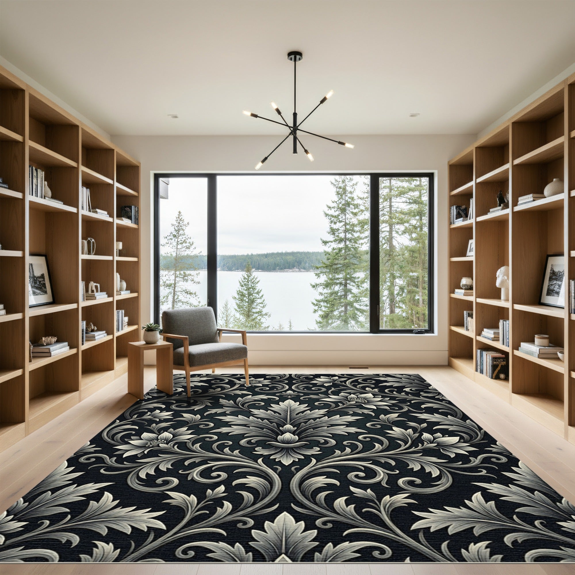 Elaborate Floral Scroll Black Silver Rug