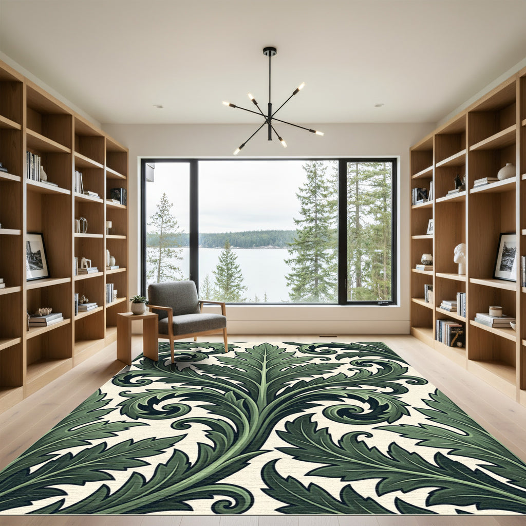 Dark Green Acanthus Leaf Scrollwork Rug