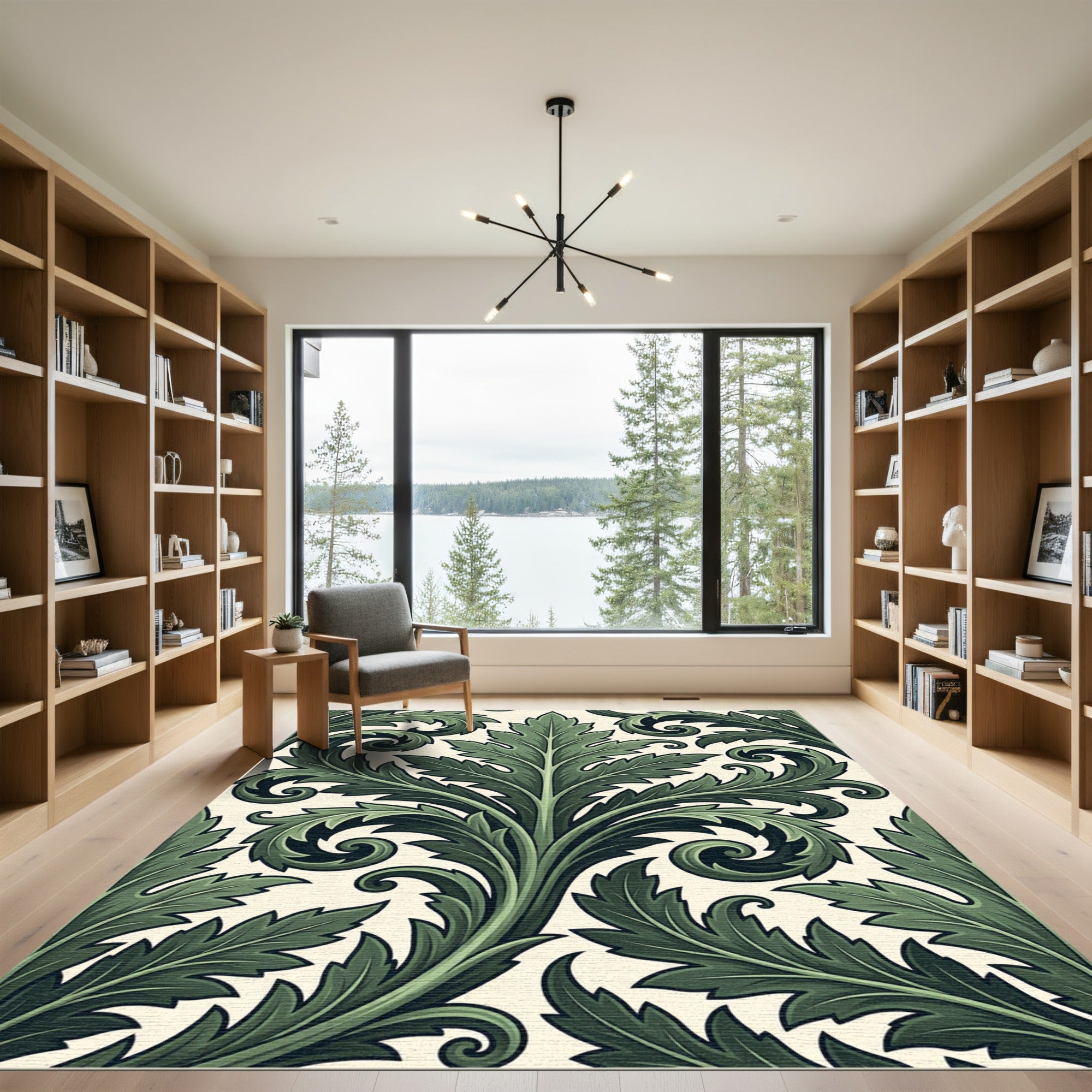 Dark Green Acanthus Leaf Scrollwork Rug