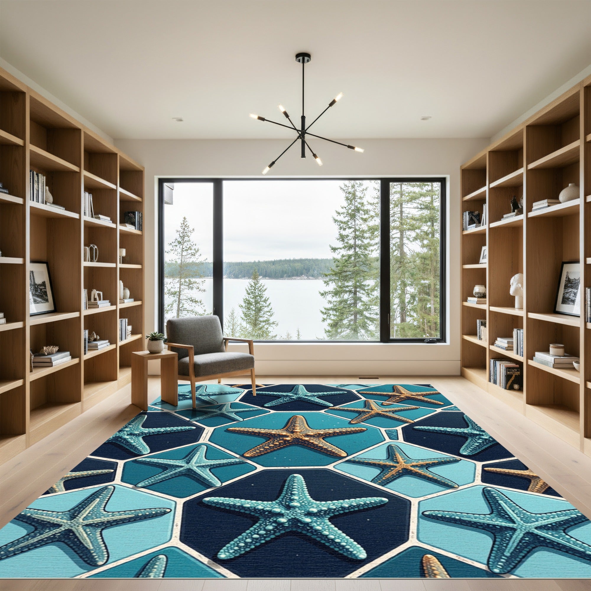 Coastal Oceanic Starfish Blue Hexagon Tiles Rug