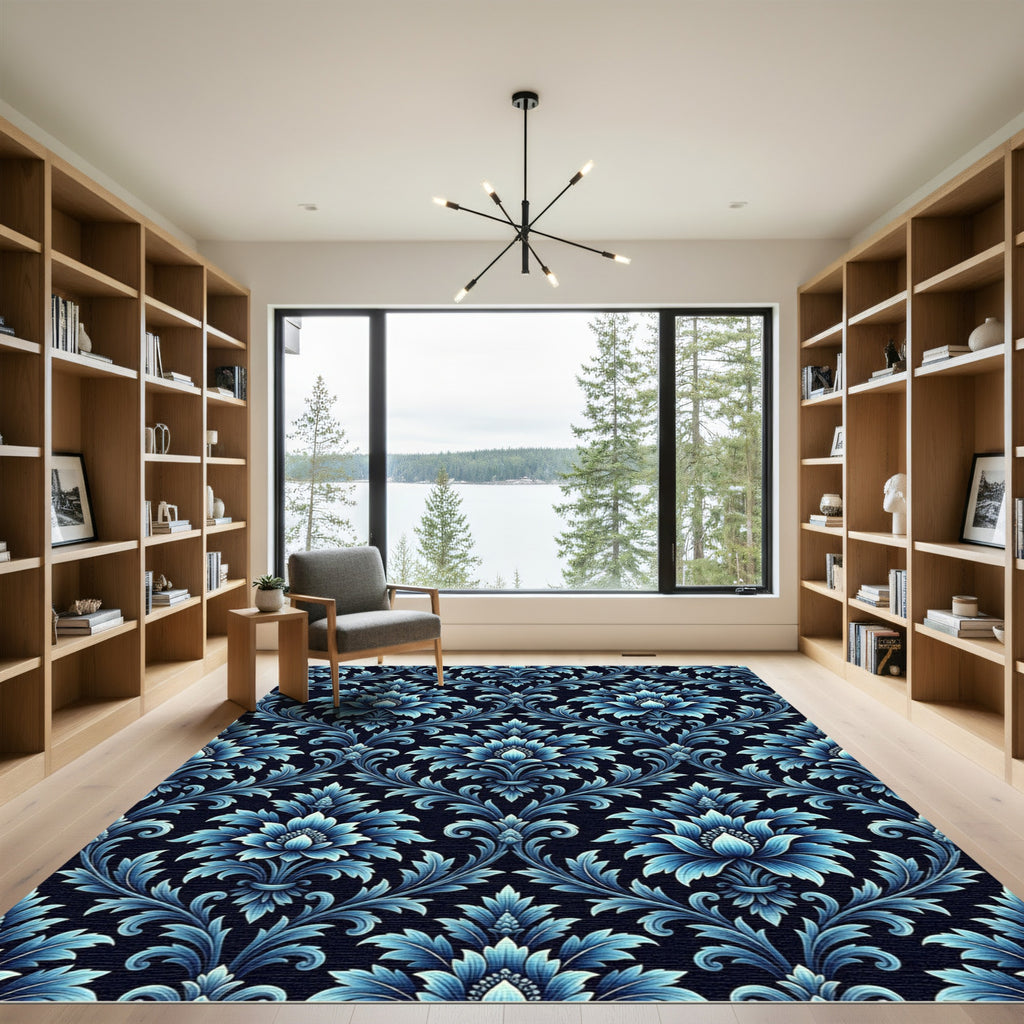 Classic Blue Floral Damask Rug