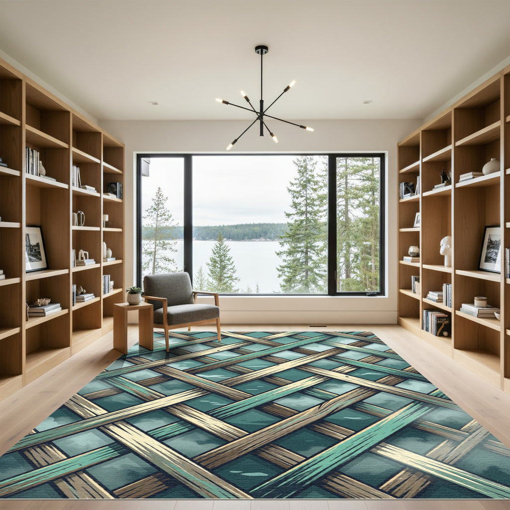 Teal Lattice Wooden Weave Overlap Rug