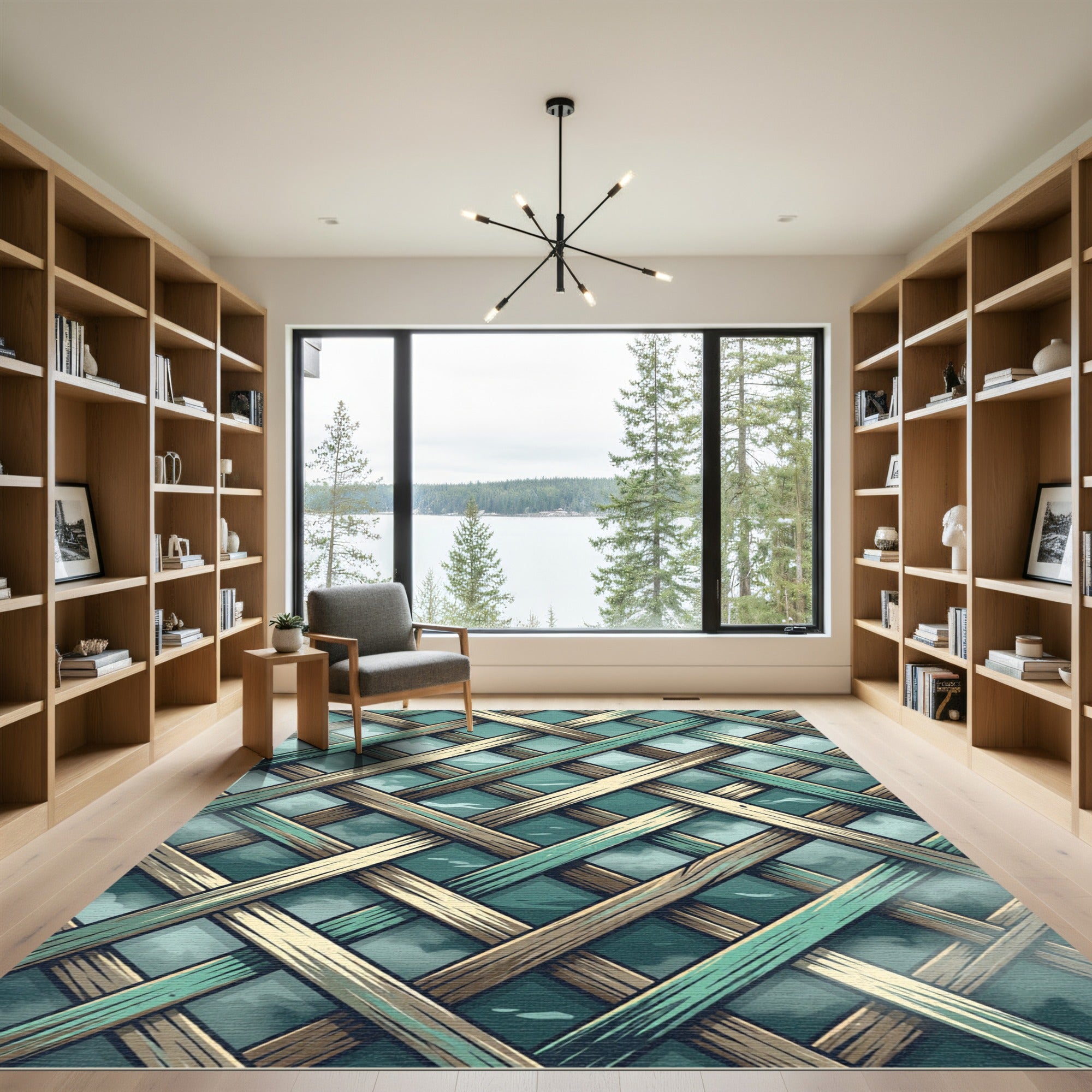 Teal Lattice Wooden Weave Overlap Rug