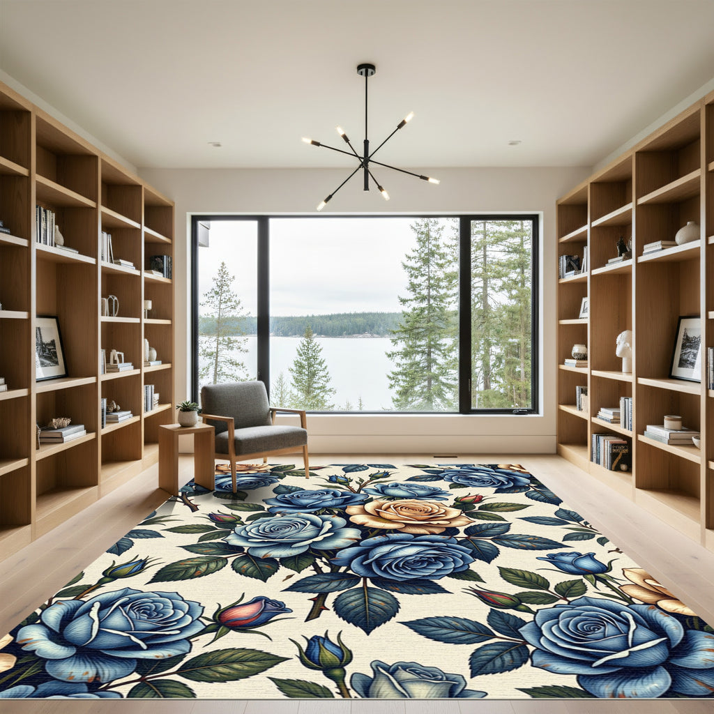 Deep Blue Sepia Rose Garland Rug