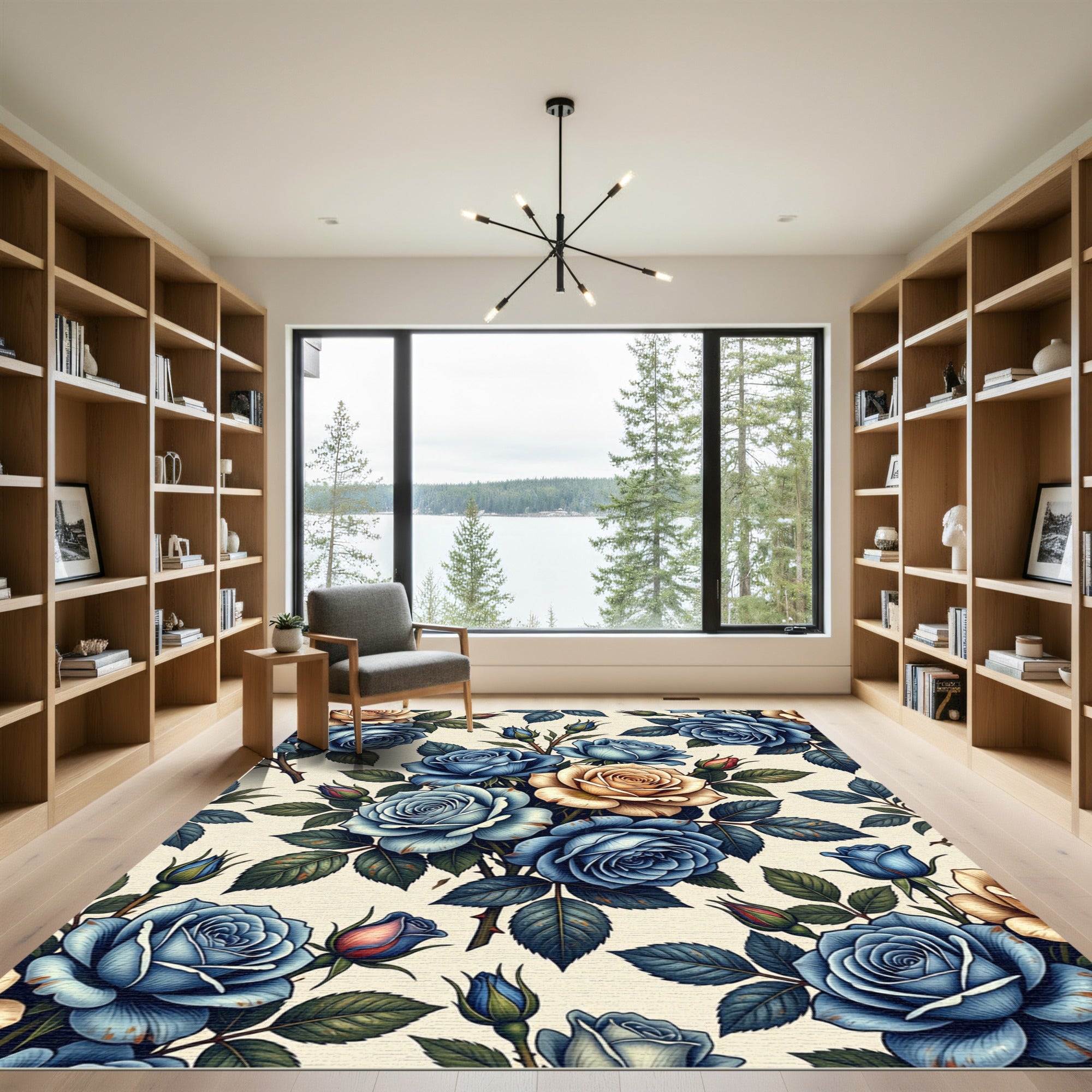 Deep Blue Sepia Rose Garland Rug
