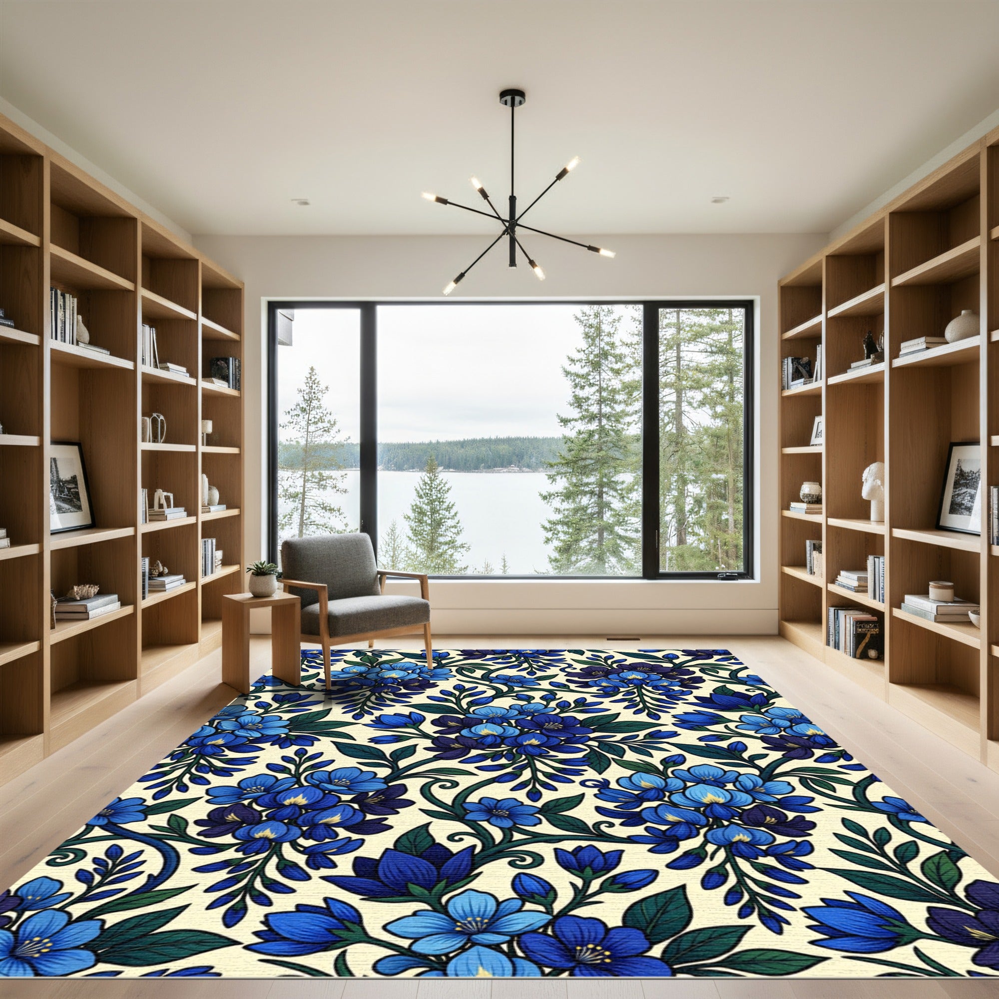 Elegant Cobalt Azure Botanical Floral Wisteria Rug