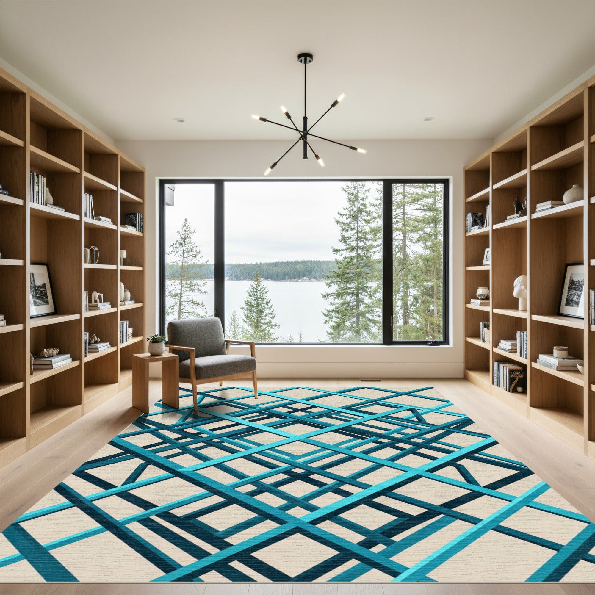 Modern Teal Blue Geometric Intersecting Grid Rug
