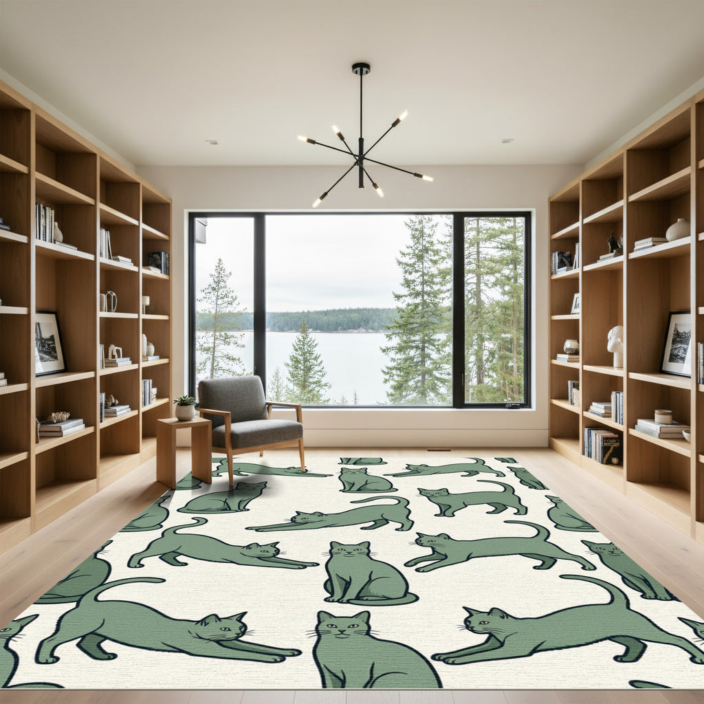 Sage Green Minimalist Stretching Cat Illustration Rug