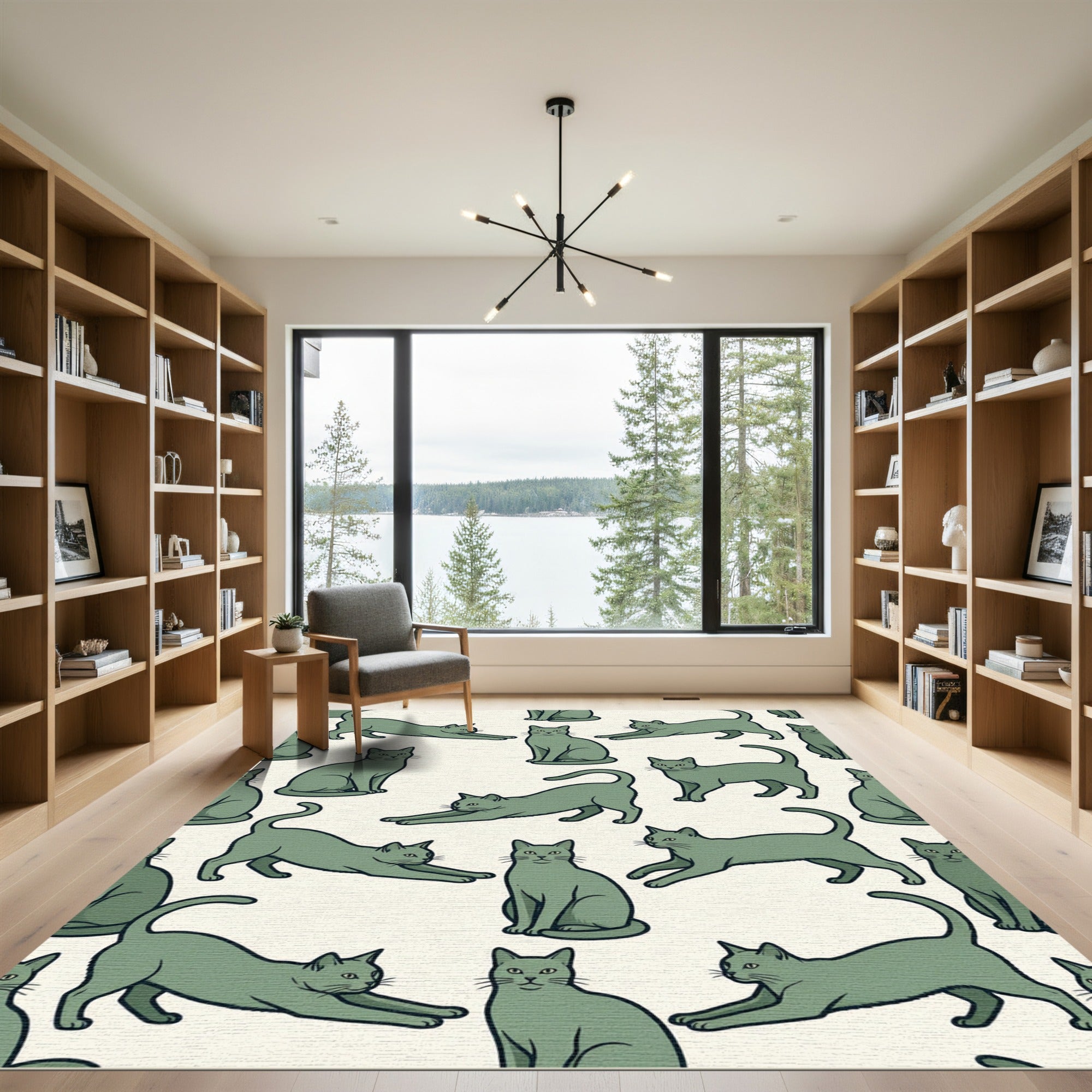 Sage Green Minimalist Stretching Cat Illustration Rug