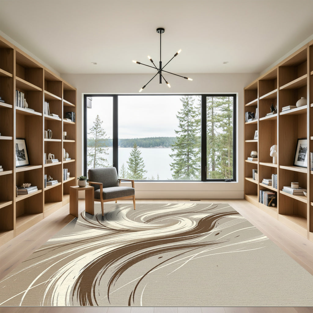 Modern Swirling Beige and Brown Abstract Rug