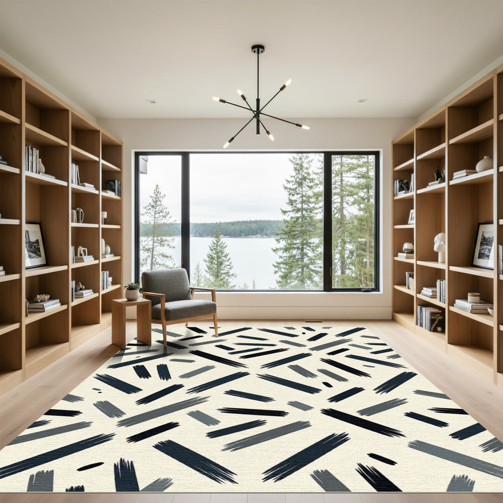 Minimalist Charcoal Abstract Brushstroke Rug
