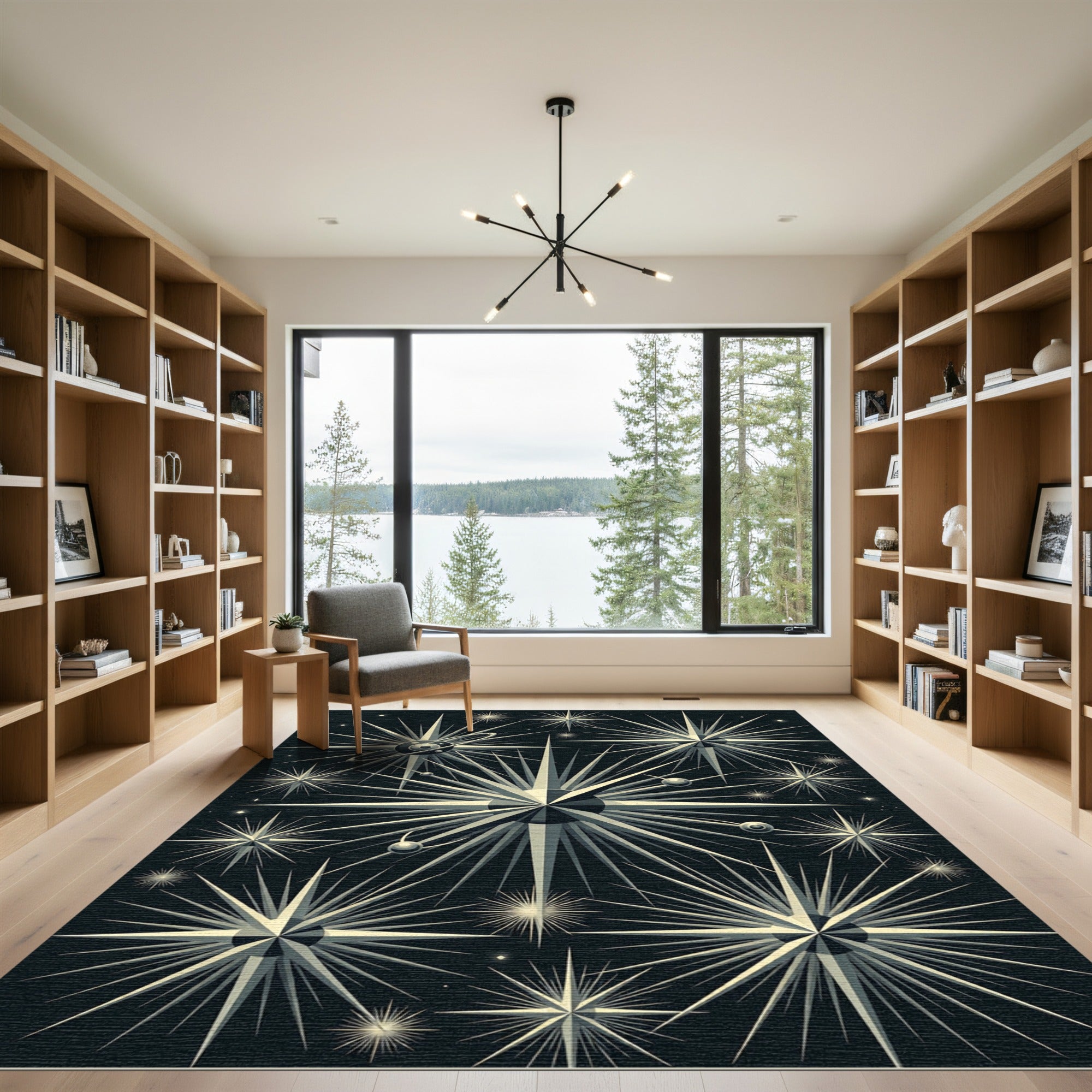 Radiant Stellar Burst Black Composition Rug