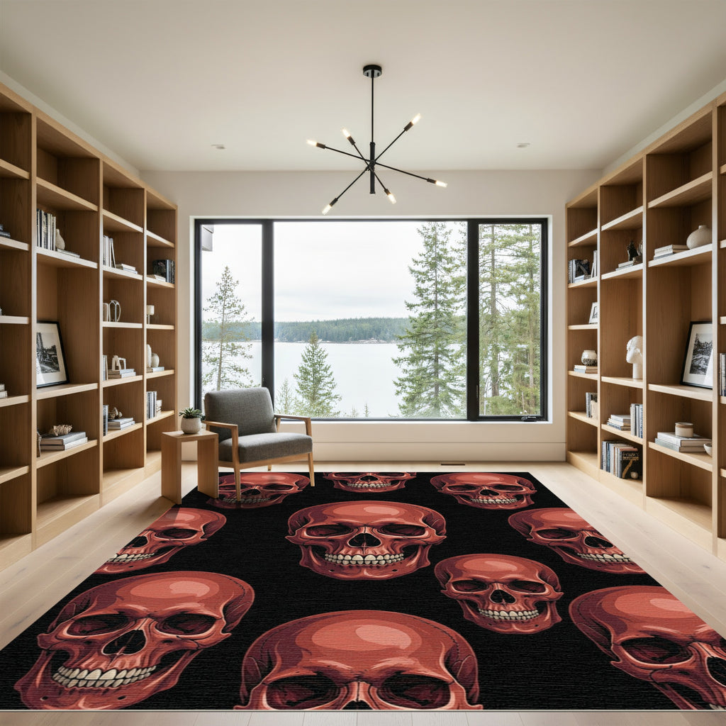 Bold Crimson Skull Grid Art Rug