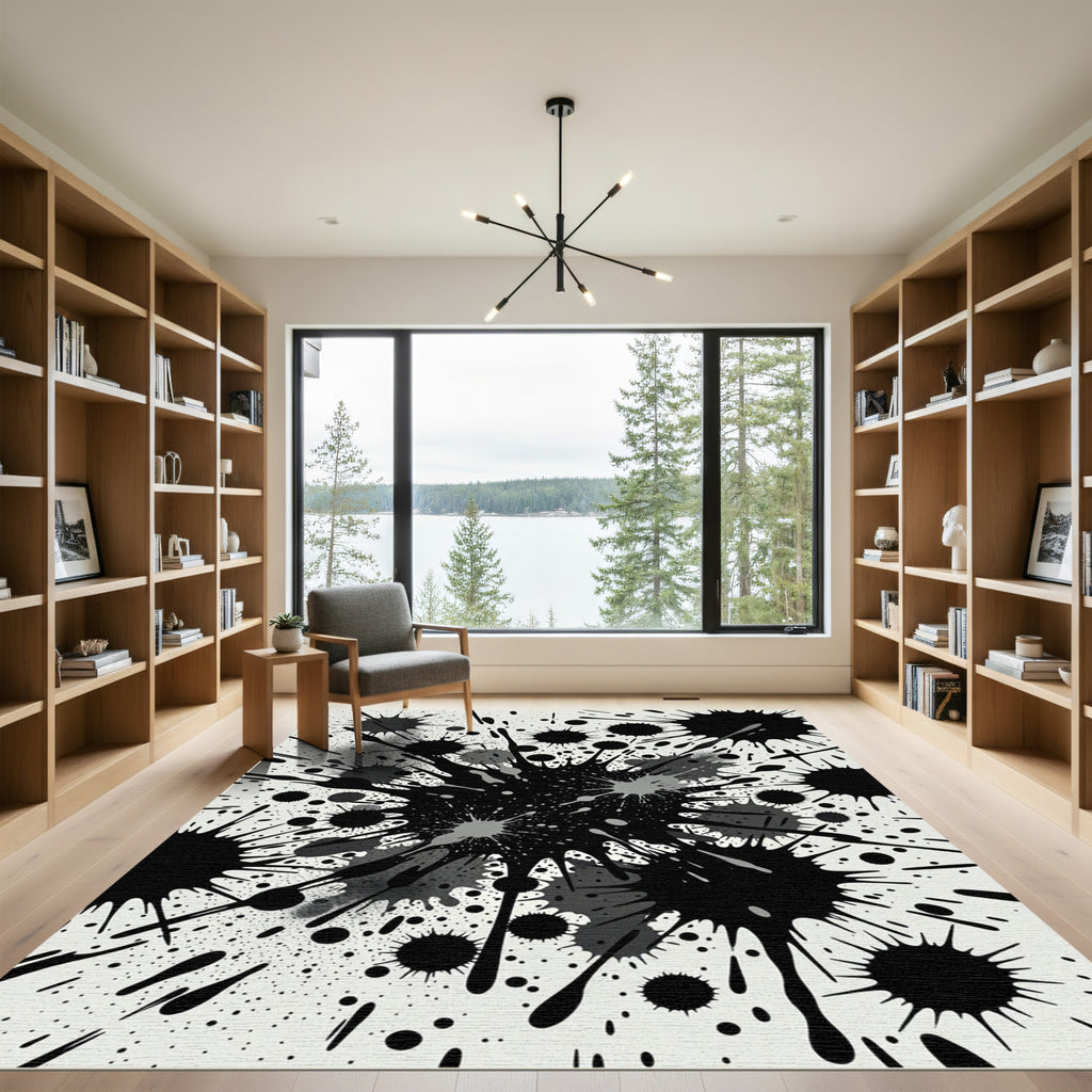 Bold Black Ink Abstract Splatter Rug