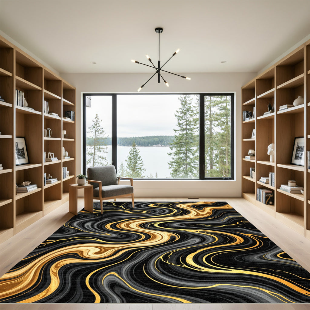 Black Gold Swirl Veined Liquid Rug