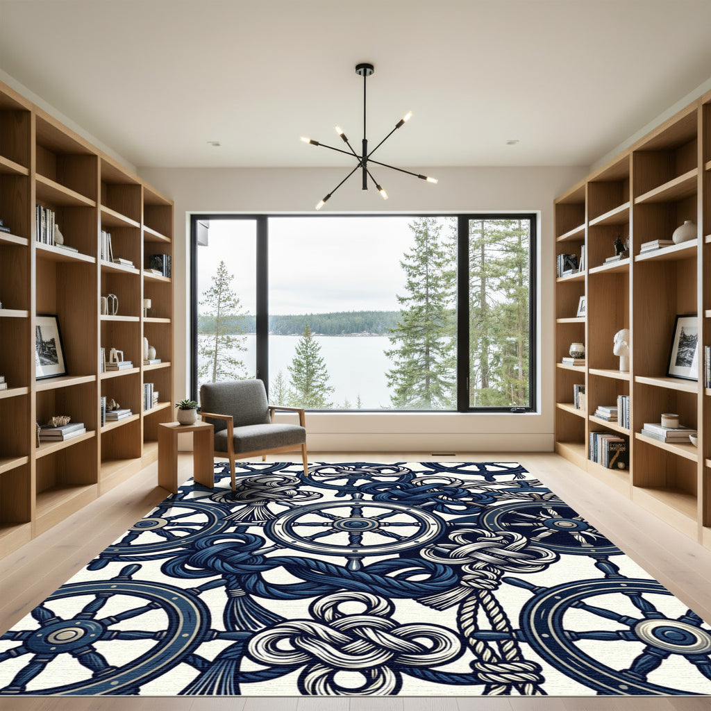 Nautical Navy Helm and Rope Accents Rug