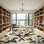 Elegant Ivory Magnolia Botanical Round Artwork Rug