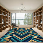 Modern Abstract Teal and Gold Chevron Rug
