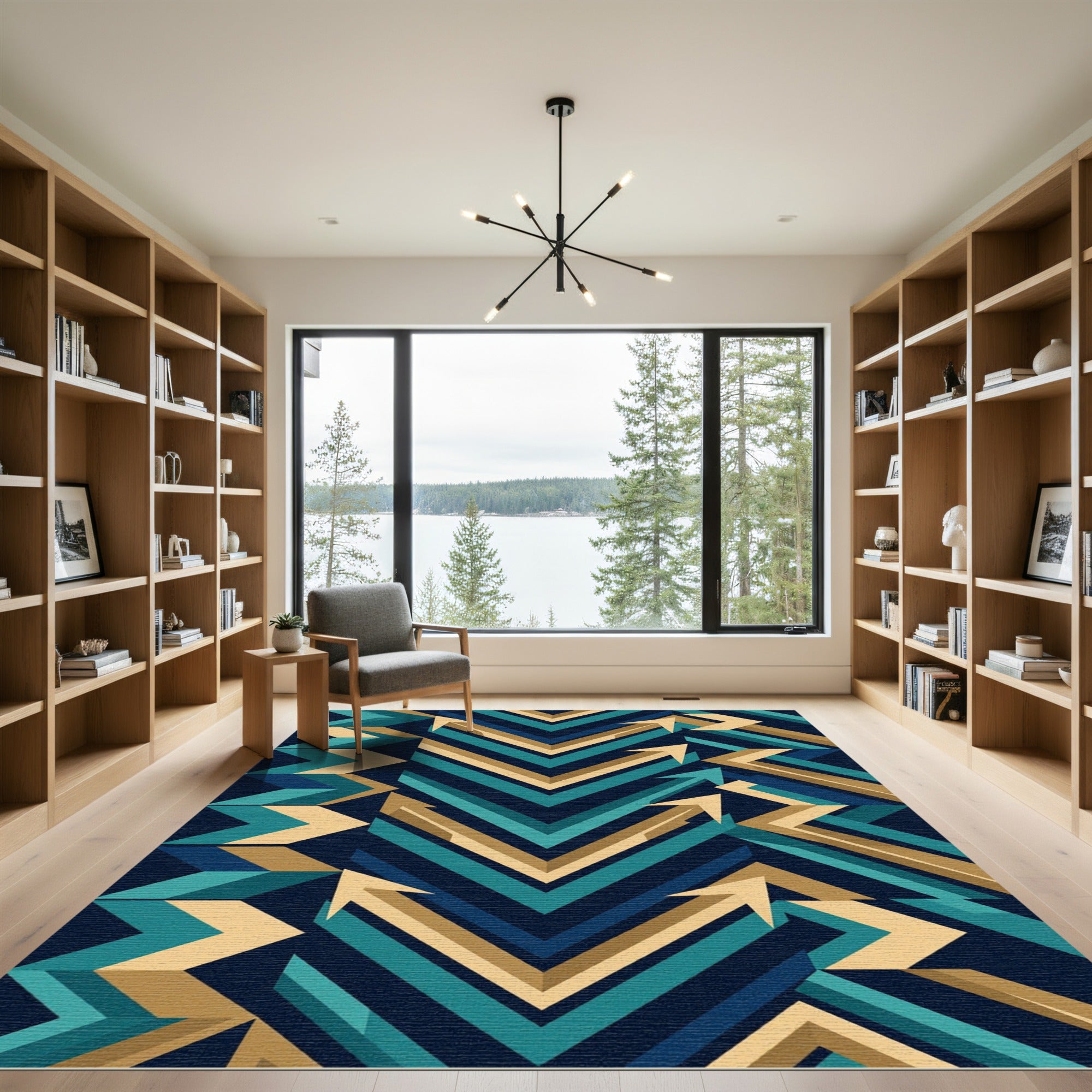 Modern Abstract Teal and Gold Chevron Rug