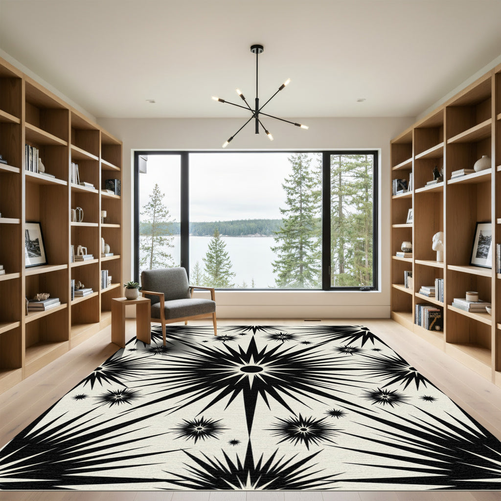 Black Starburst Cream Background Rug