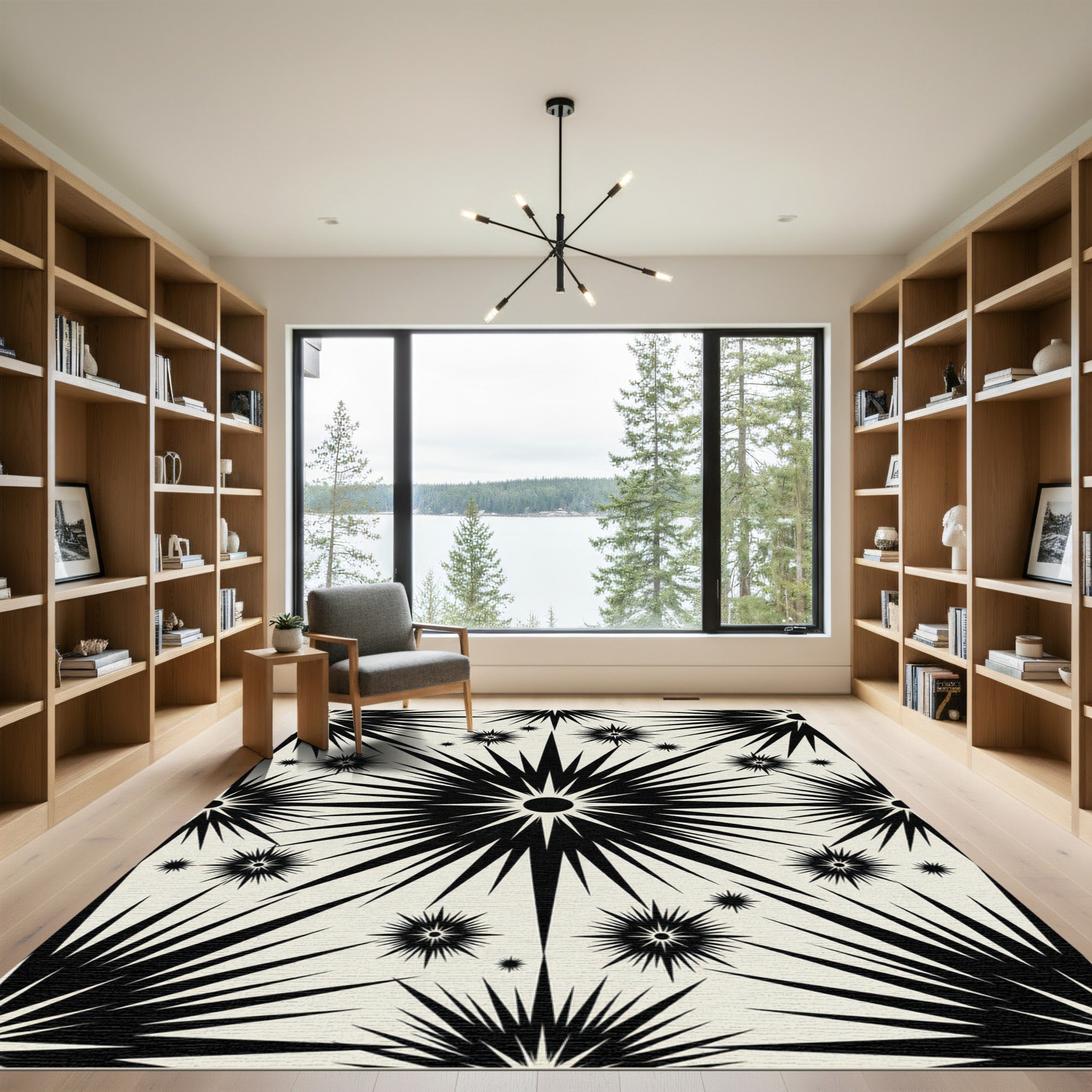 Black Starburst Cream Background Rug