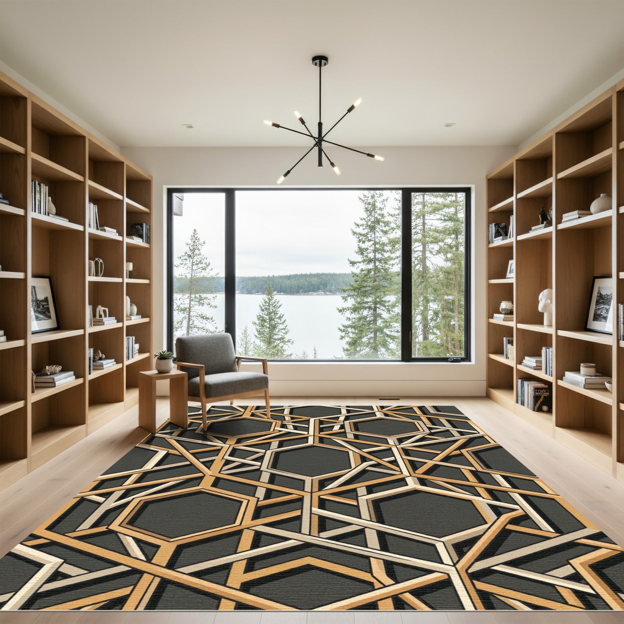 Sophisticated Gold Charcoal Geometric Hexagon Rug