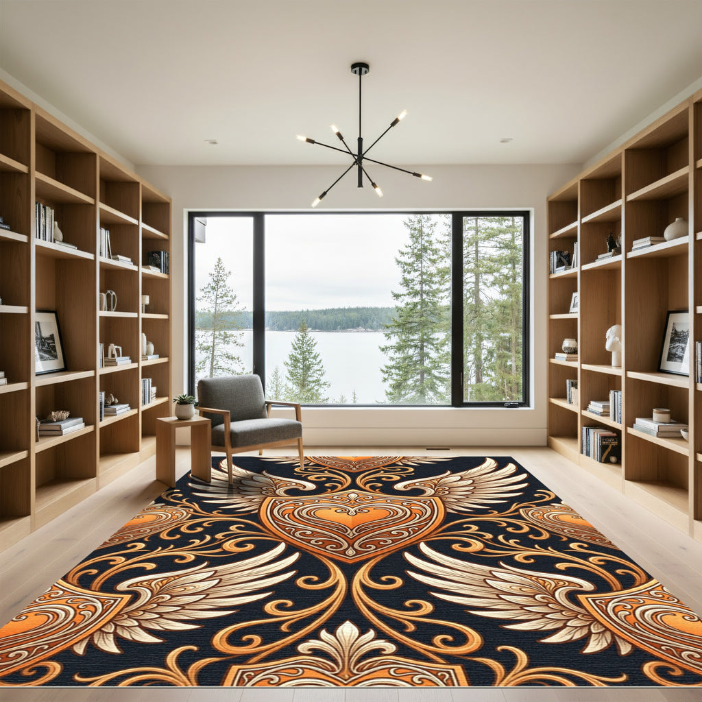 Orange Gold Winged Shield Scrollwork Rug