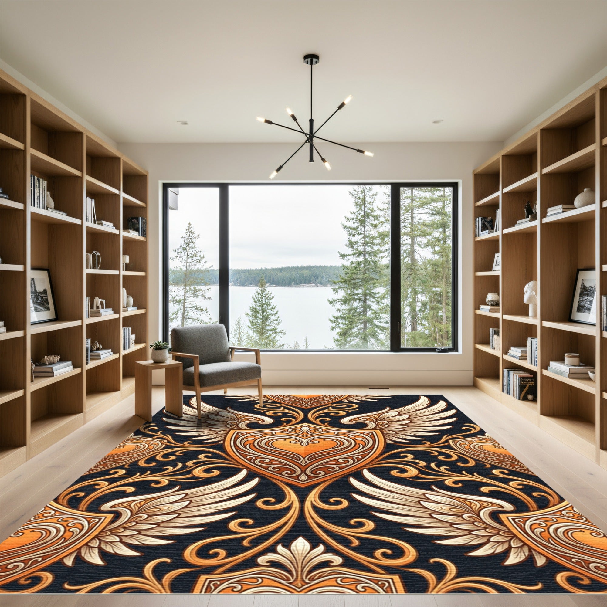 Orange Gold Winged Shield Scrollwork Rug