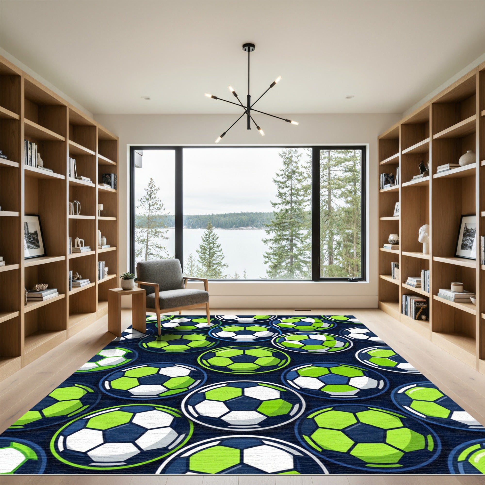 Vibrant Neon Lime Soccer Ball Graphic Rug