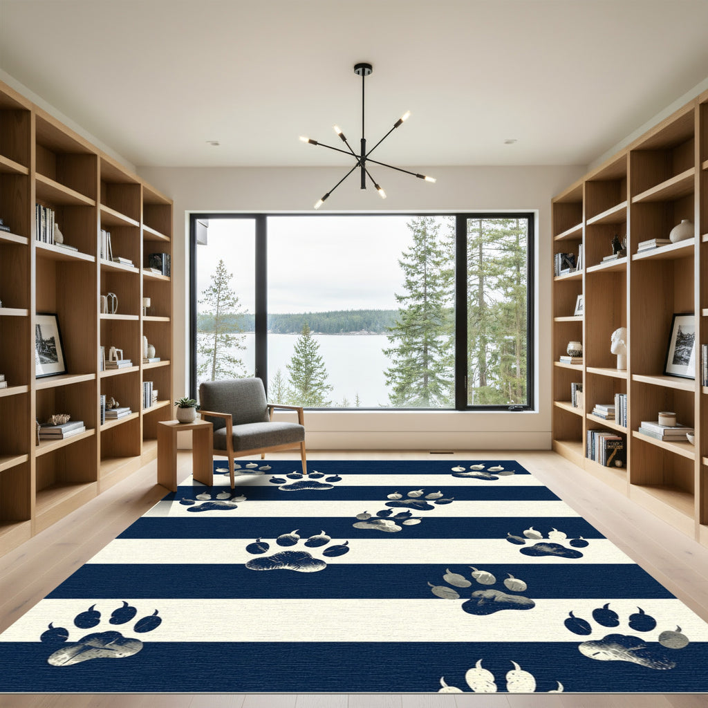 Navy and Cream Whimsical Paw Striped Rug