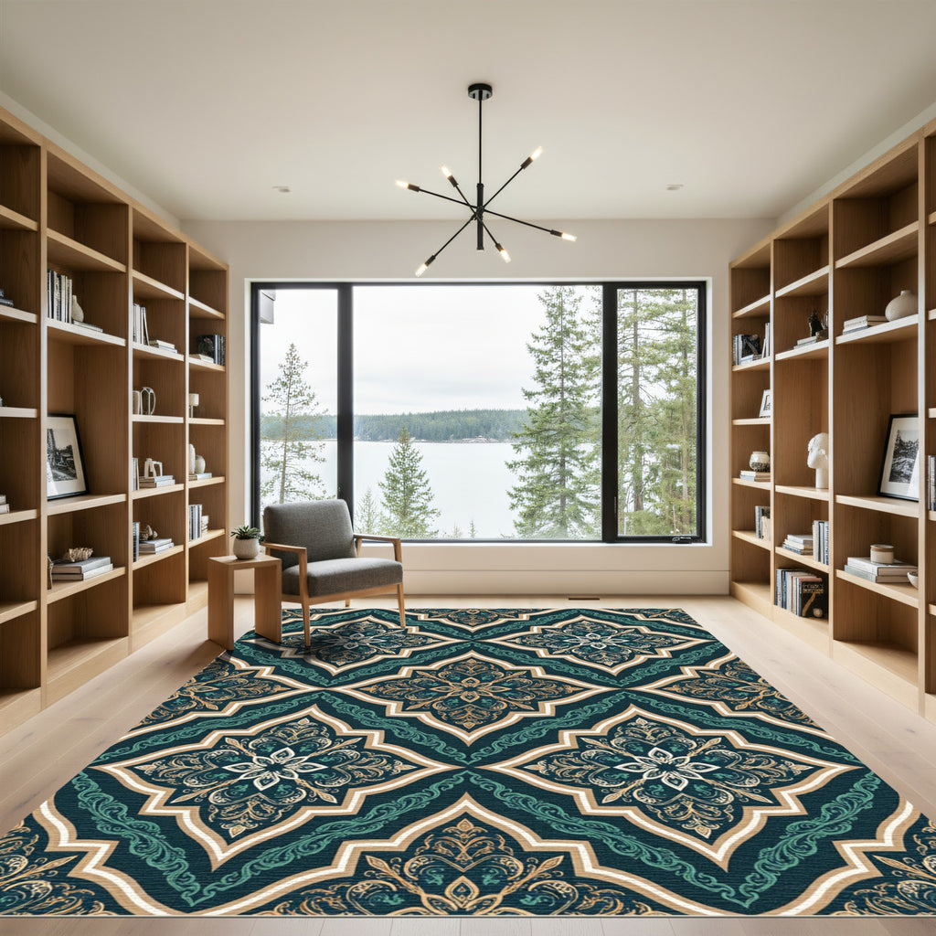 Elegant Teal Gold Damask Medallion Rug